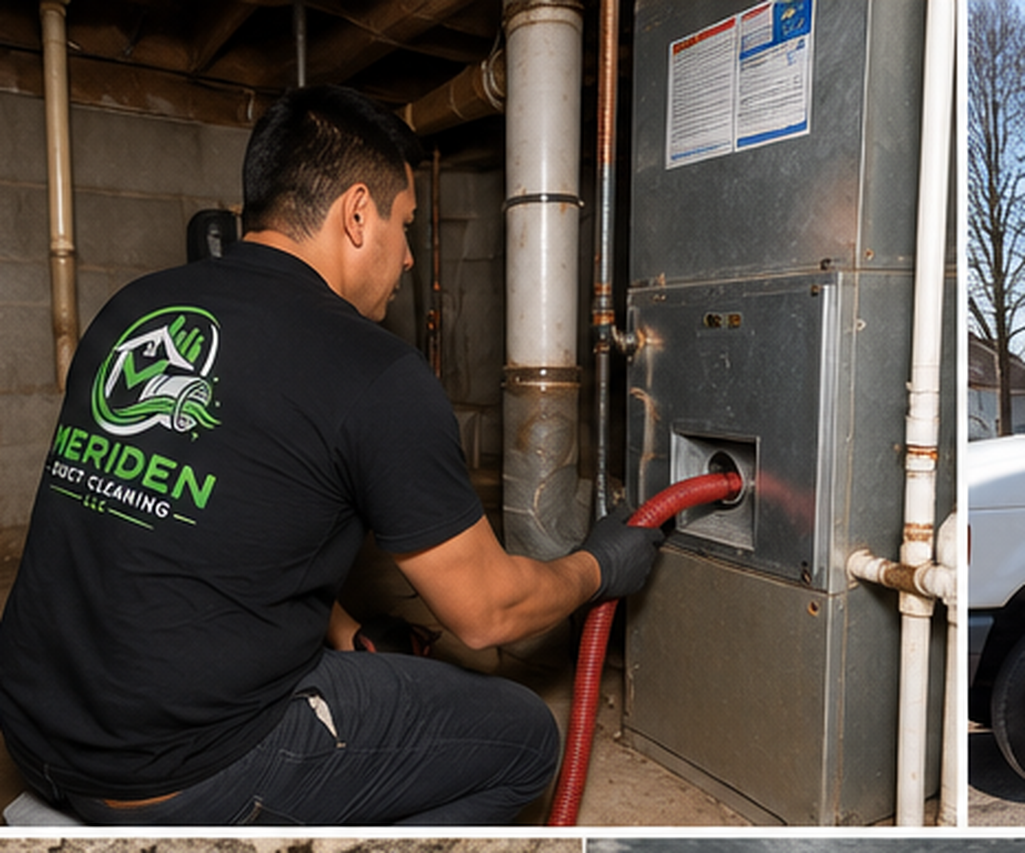 Meriden Duct Cleaning LLC technician servicing an HVAC air handler in a Meriden CT basement