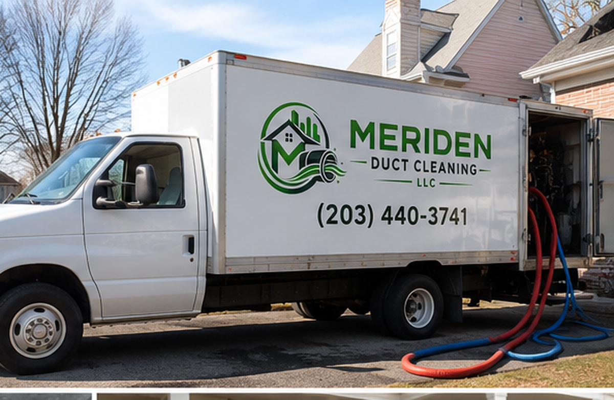 Meriden Duct Cleaning LLC branded service truck parked outside a home in Meriden CT